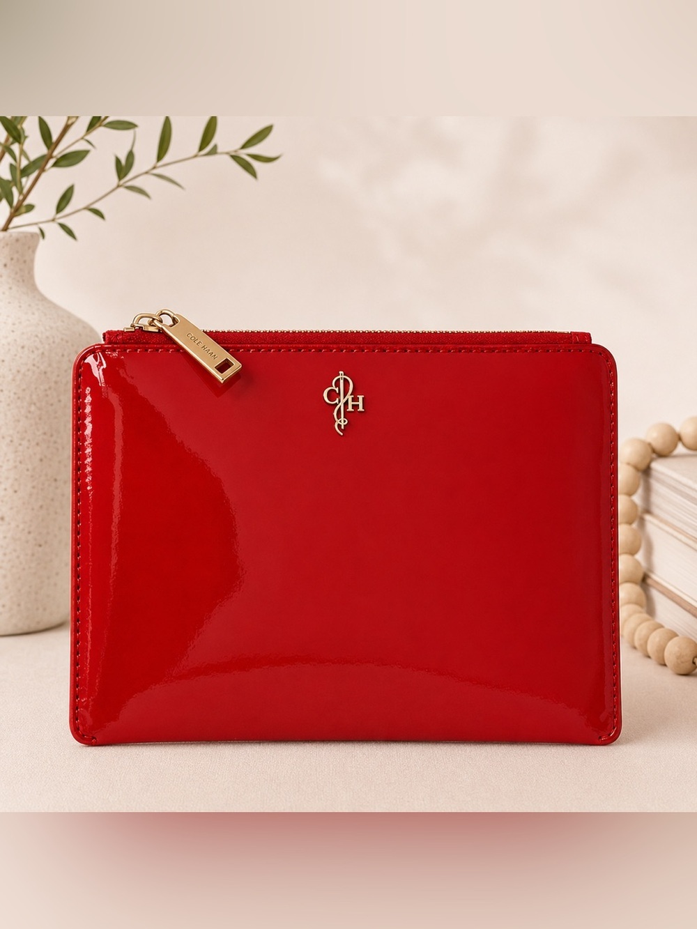 Cole Haan Red Patent Leather Zip Pouch Clutch Wallet Cosmetic Bag